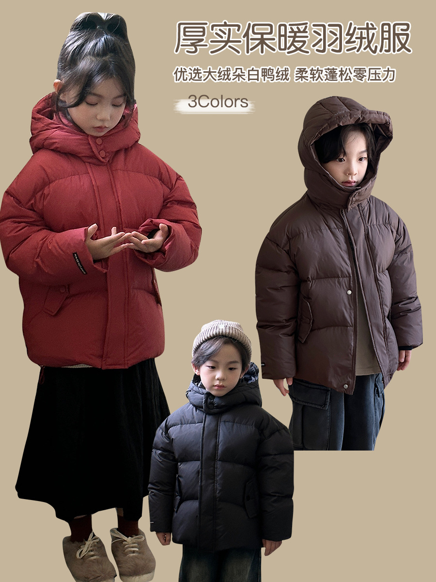 2025 invierno nuevo tipo de ropa infantil para niños niños de tamaño mediano con capuzas gruesas chaqueta de plumón caliente abrigo corto