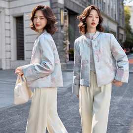 新款款新中式提花料立体花小立领羽绒服女气质保暖外套