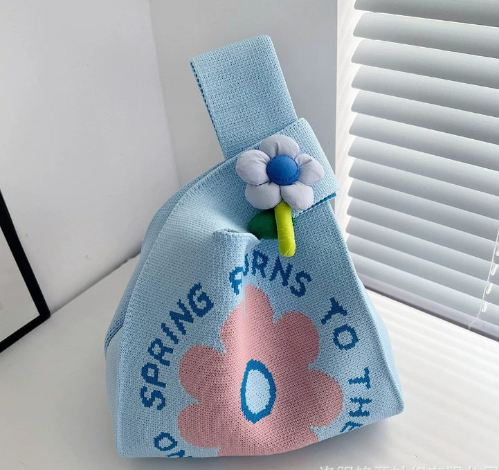 knitted Shoulder Bag, Handheld Linen Tote, Floral applique, 20×35 cm