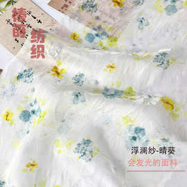晕染花朵蓝色多巴胺童装女装服装面料仿真丝太阳花暗纹提花浮光锦