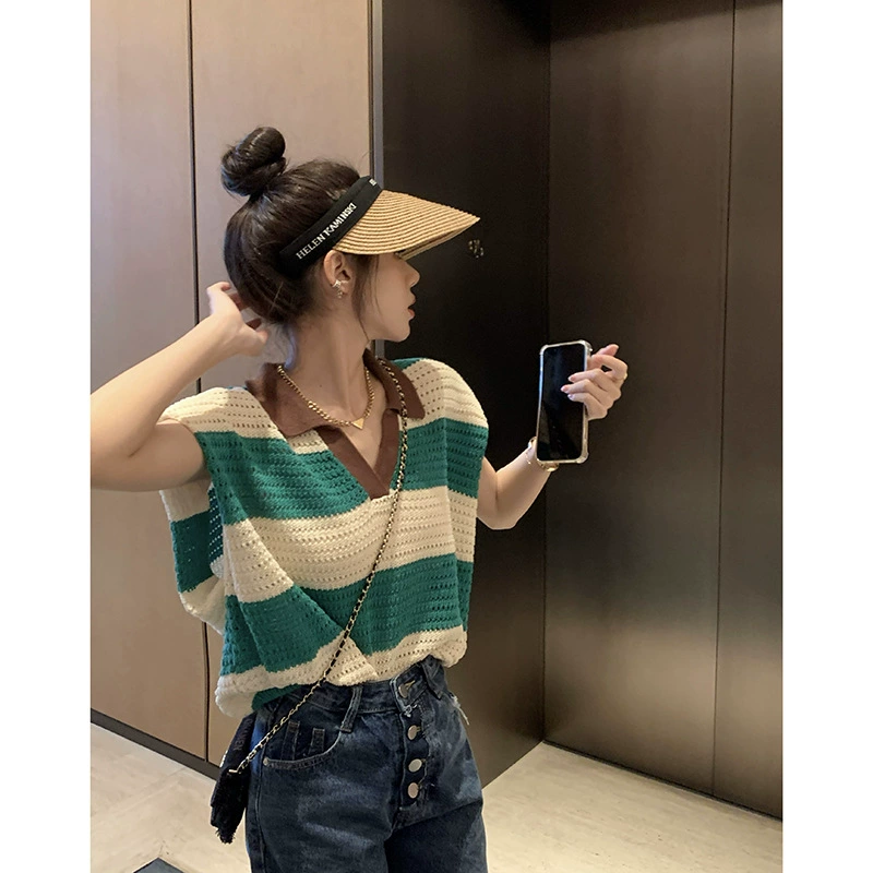 2009 # Гонконгский стиль ретро полосатый жилет без рукавов, Женский Летний Новый полый трикотажный топ-поло