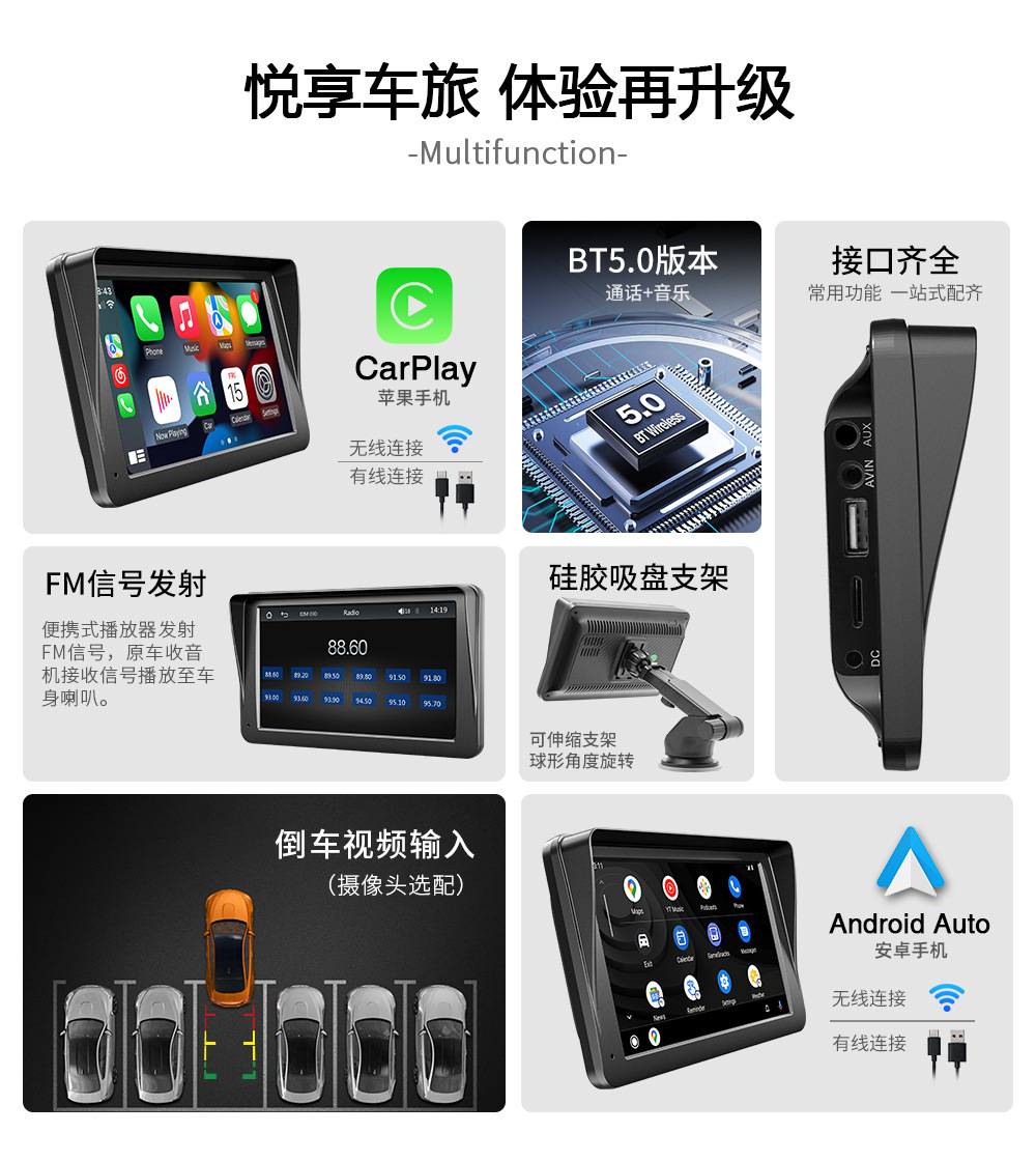 7inch Wireless Carplay Portable Screen Pnd Sunshade Car Central Control Screen Car Navigator Mp5 Player
