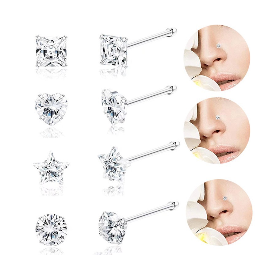 Titanium Steel Curved Stud Five-Pointed Star Square Heart L S Rod Ring Mini Inlaid Stone Girl Facial Nose Jewelry_voghion.com