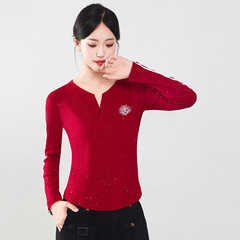 简约T恤女V领显瘦上衣女气质网红打底衫8079太阳花亮片双杠长袖