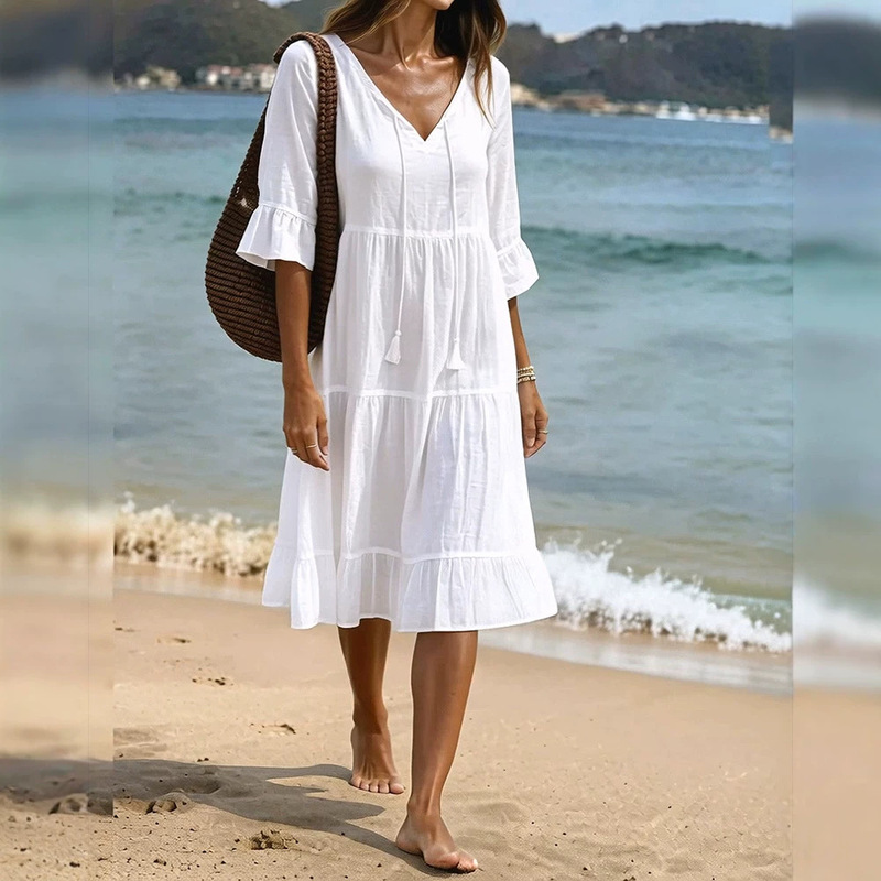2026 Model Cross-Border European and American Independent Station Layered Fringe Decoration A-Line Loose Dress Vacation Mid-Length Dress