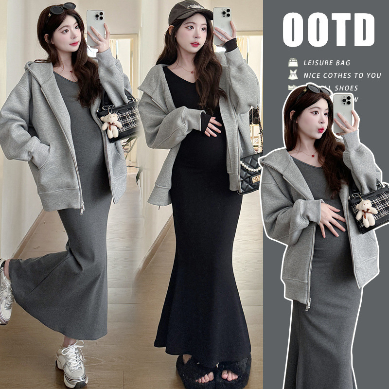 New 2024 Pregnant Women dress Skinny Autumn Earth Slim Fishtail Skirt High Weight Heavy Sweatshirt Jacket
