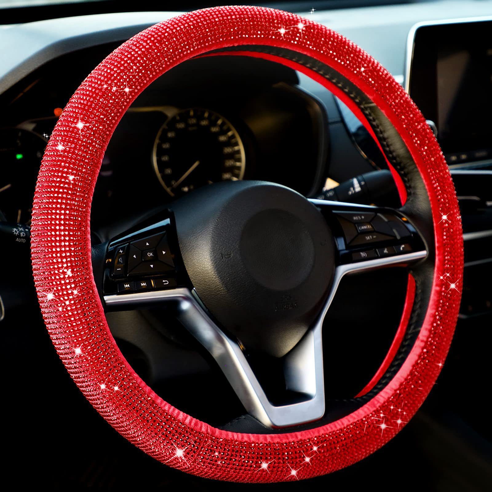 Car Steering Wheel Cover with Diamonds, No Inner Ring, Full Diamond Rhinestone Cover with Diamond Mesh, Hot-Studded Diamonds, Full Diamond Elastic Grip Cover