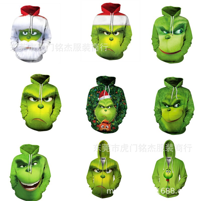 Cross-Border Hot Selling Green-Haired Monster Grinch Cos Same Style 3D Digital Printing Sweatshirt Cosplay Peripheral Hoodie Cross-Border Hot Selling Green-Haired Monster Grinch Cos Same Style 3D Digital Printing Sweatshirt Cosplay Peripheral Hoodie