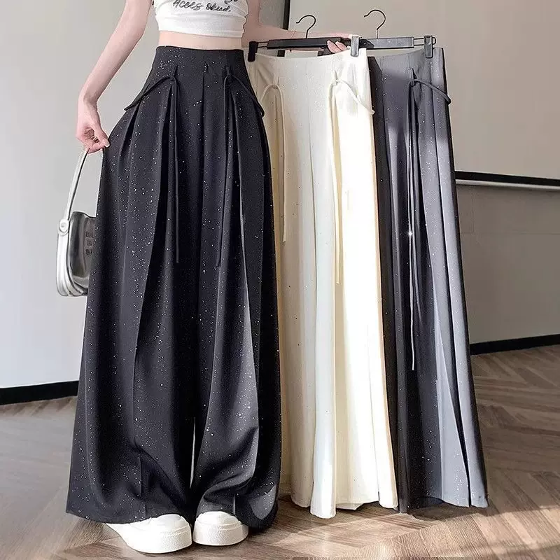 细闪亮片西装休闲裤女2025夏季新款垂坠感高腰显瘦阔腿裙裤拖地裤