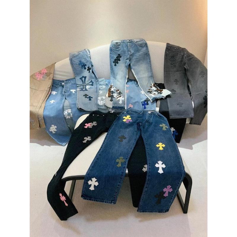 现货CH潮牌裤子限定火焰十字架刺绣直筒做旧水洗明星同款牛仔裤|undefined