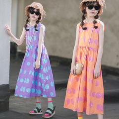 女童波點連衣裙夏圓點印花純棉中大童公主裙海邊度假兒童過膝長裙