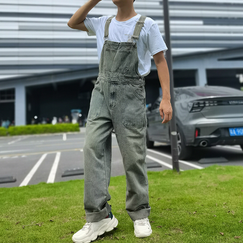 American retro plus size Denim overalls men's and women's loose street fashion brand casual straight wide-leg suspender pants