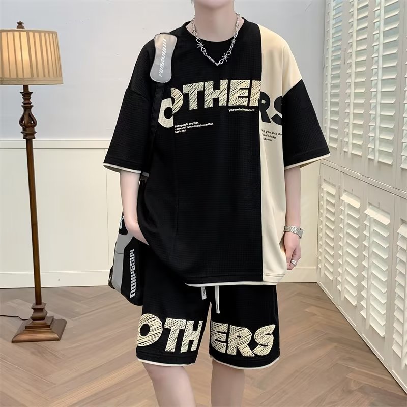 Camisa menos ropa estilo Hong Kong traje suelto verano nuevo color a juego personalidad juventud waffle media manga conjunto de dos piezas