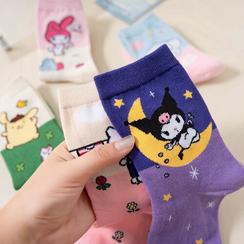 Japanese cartoon socks for women, Korean version of cute combed cotton mid-calf women's socks, candy-colored versatile casual socks
