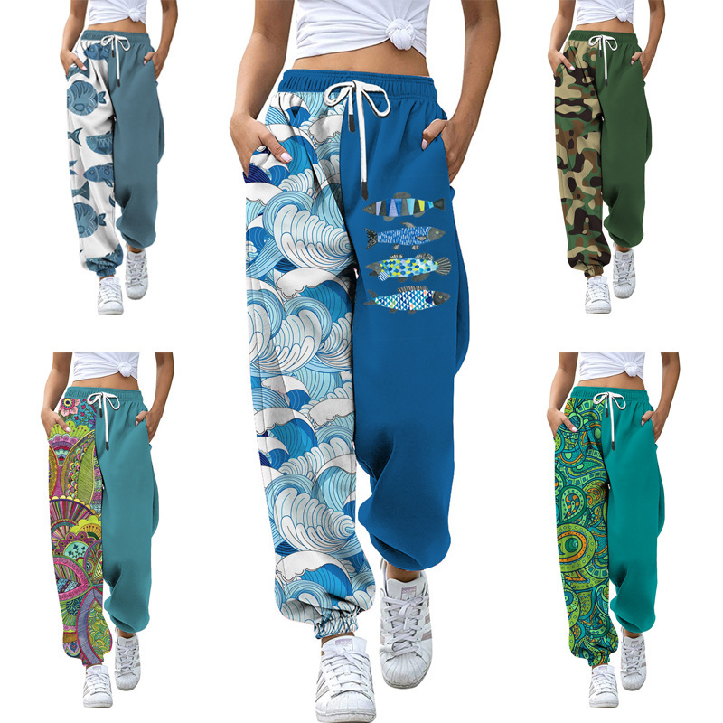 European and American 2025 Cross-Border Fashion Casual Leggings Printed Slimming Look Sports High-Waisted Rope Splicing Sports Pants