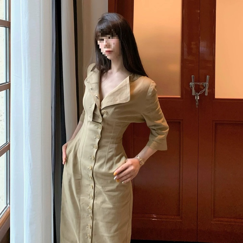 秋季新款气质时髦通勤单排扣收腰显瘦翻领长裤连衣裙女|undefined