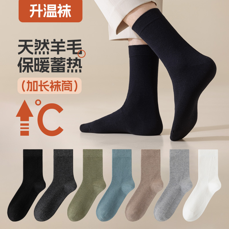 Autumn Wool Socks Men's Warm-up Warm Stockings 7A Antibacterial Autumn and Winter Mid-tube Stockings Solid Color Boneless Business Men's Socks