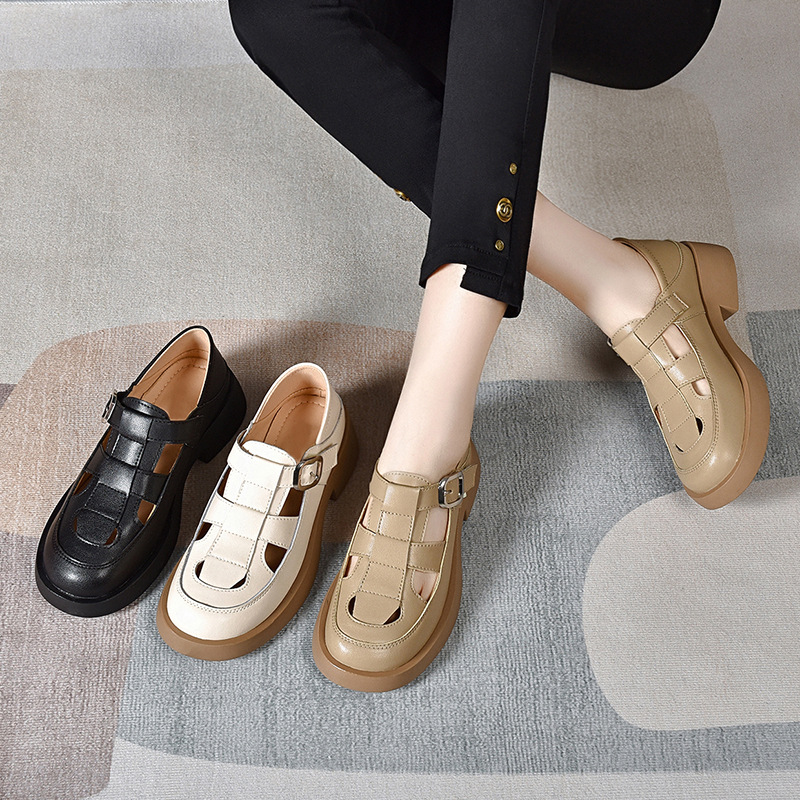 Giày sandal nữ da thật khoét lỗ mũi tròn đế dày bệt phong cách La Mã — Màu đen