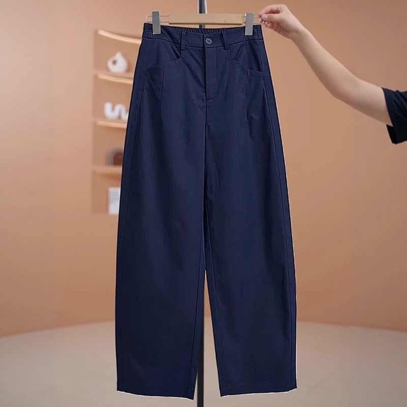藏蓝色弯刀休闲裤女2025夏季薄款大码梨形身材宽松显瘦镰刀阔腿裤|undefined