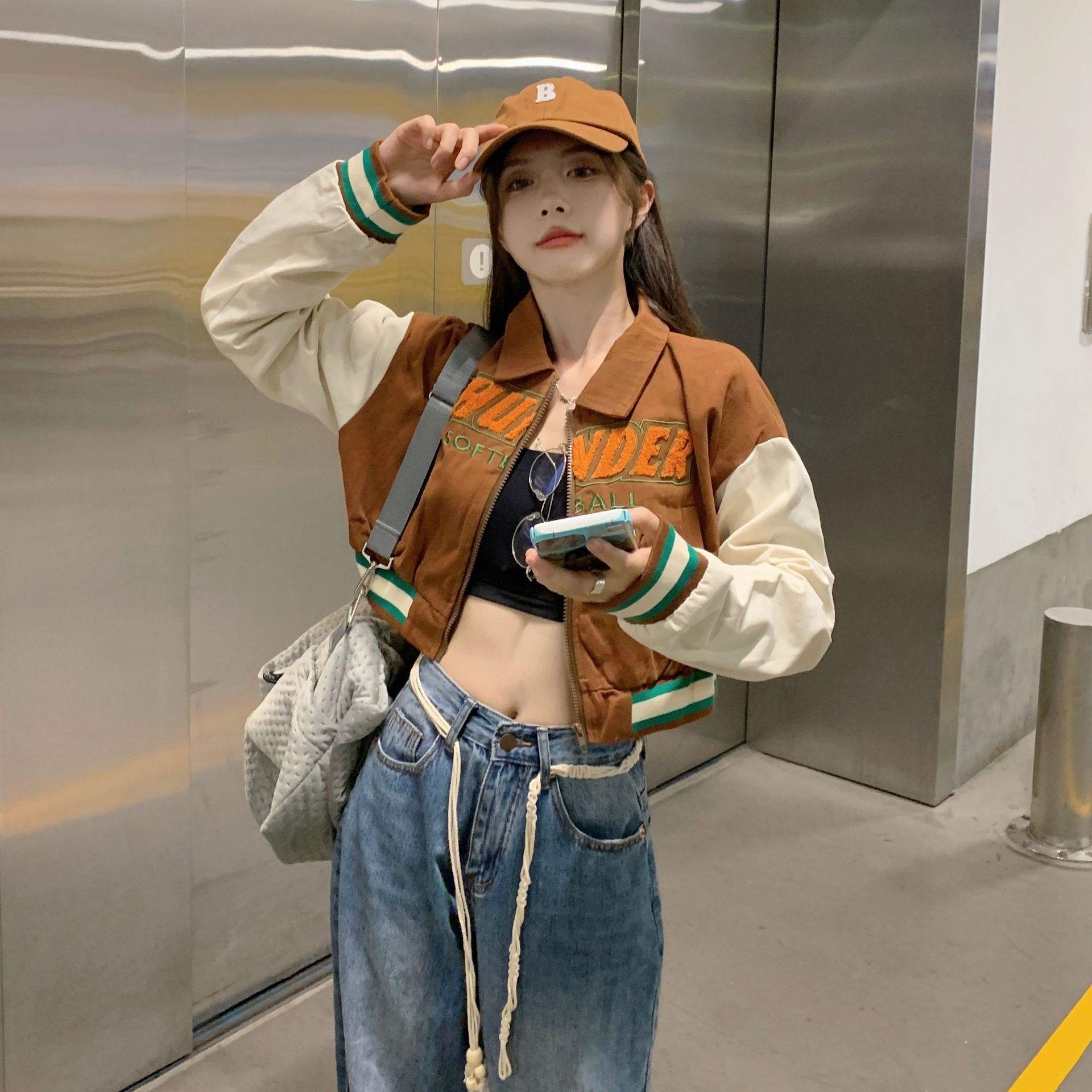 外贸虾皮美式复古辣妹短款vintage棒球服设计感小众夹克长袖外套