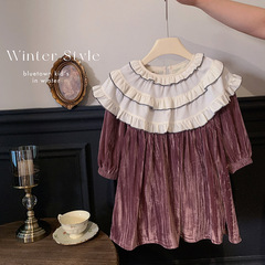 Korean Children's Winter Velvet Dress for Girls, New Baby French Retro Faux Fur Embroidered Long Sleeve Princess Dress