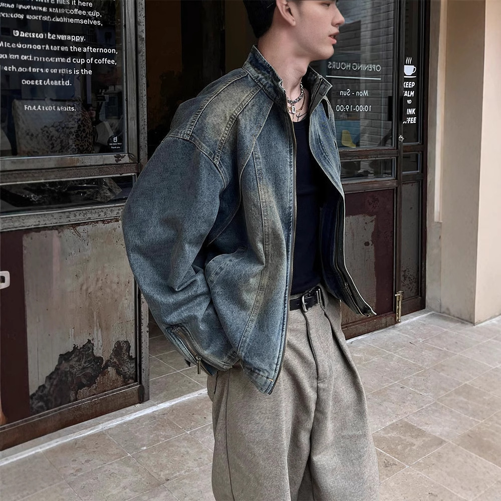 水洗渐变复古黄泥染色牛仔衣重磅牛仔夹克外套男宽松帅气上衣