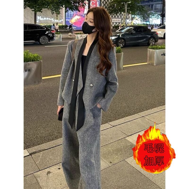 时尚感V领飘带毛呢西装外套女秋休闲直筒裤秋冬新款两件套装|undefined