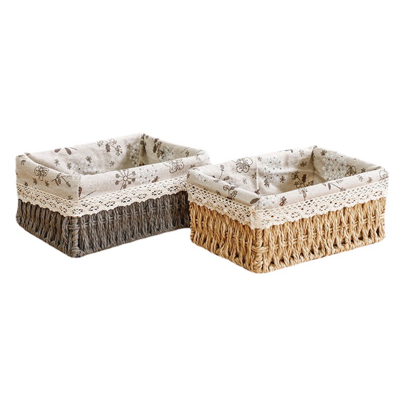 Cross-border Wholesale Pastoral Rattan Woven Dirty Clothes Basket Storage Basket Cosmetics Jewelry Storage Basket Fabric Straw Woven Basket