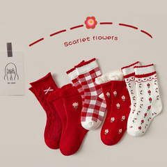 Children's socks for autumn and winter, cartoon forest system red lace socks for girls, Korean version, Instagram-style mid-calf socks, student socks, wholesale