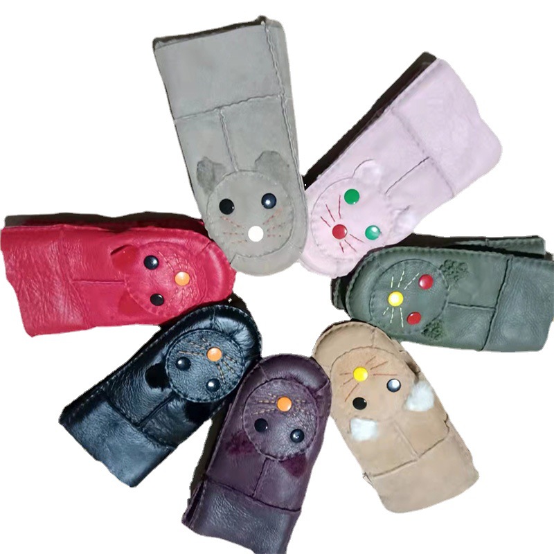 Fábrica al por mayor de los niños piel cuero integrado lindo lana engrosada invierno nieve esquí ciclismo guantes calientes