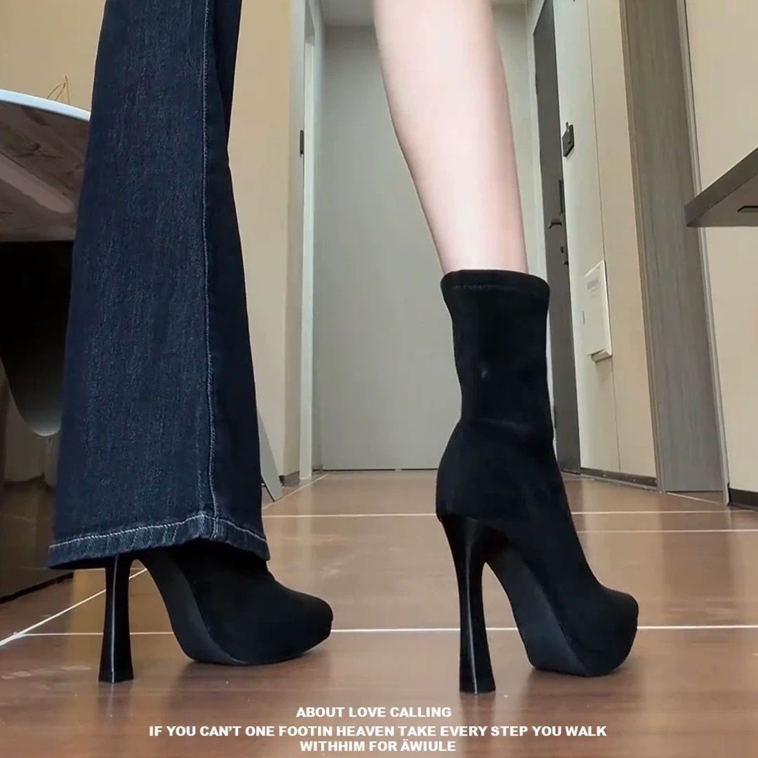 Black Pointed Toe High Heel Sock Boots Waterproof Fleece-lined_voghion.com