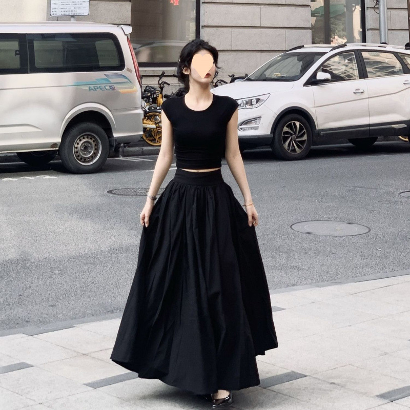 法式气质套装女修身短袖恤夏季甜辣大裙摆字裙半身裙时尚两件套|undefined