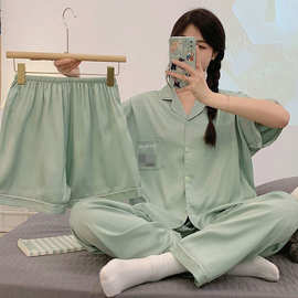 潮风INS夏季睡衣女仿棉开衫短袖三件套少女纯色清新减龄家居服套