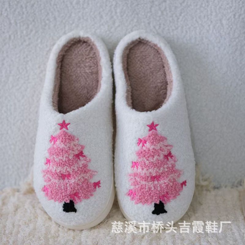 Cross-Border Pink Star Christmas Tree Cotton Slippers for Couples Men and Women Autumn and Winter Home Teddy Plush Slippers Towel Embroidery Cross-Border Pink Star Christmas Tree Cotton Slippers for Couples Men and Women Autumn and Winter Home Teddy Plush Slippers Towel Embroidery
