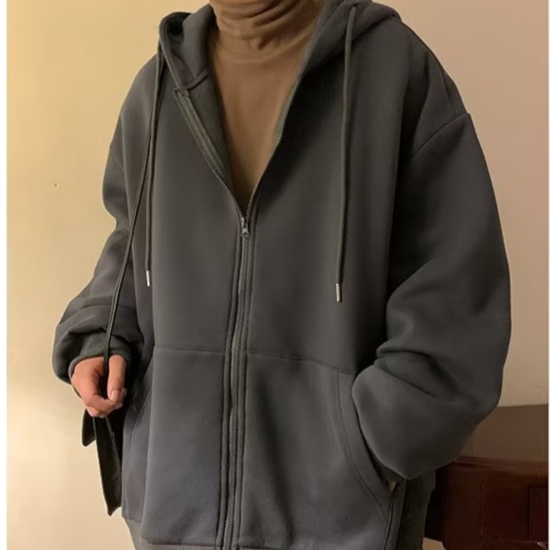 다크 그레이 솔리드 컬러 지퍼 가디건