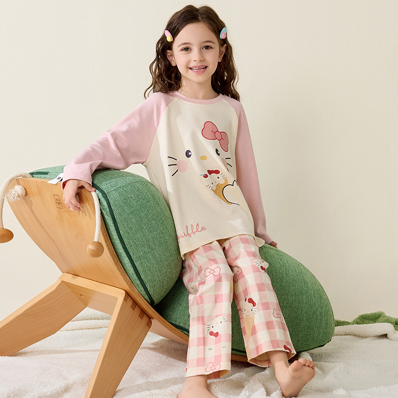 2025 New Kidsren's Pajamas Girls Pure Cotton Long-Sleeved Spring & Fall Cartoon Category a Girls Cotton Home Clothes Set
