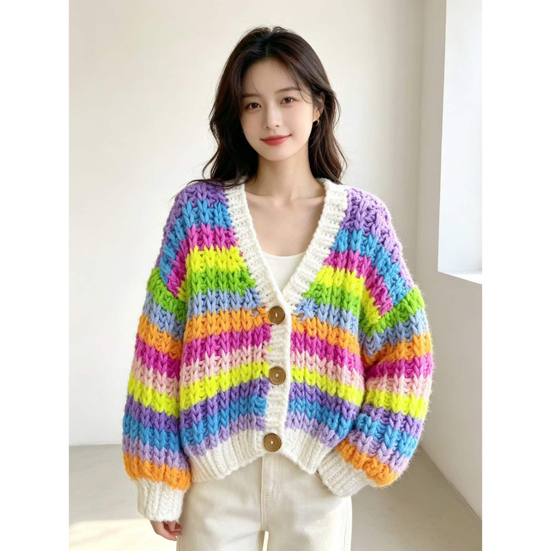 2026 New V-neck Knitted Rainbow Sweater Cardigan for Women, Short Chunky Knit Macaron Color Woolen Knit Coat