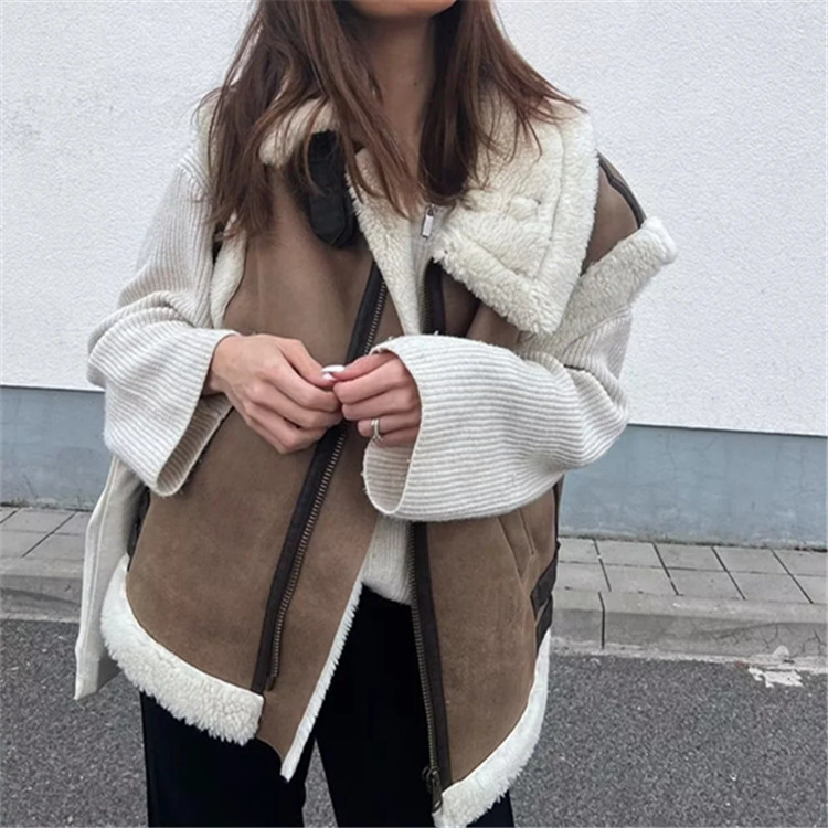 2022 autumn and winter women's zipper lapel jacket PU leather coat European and American fleece stitching vest vest vest wholesale