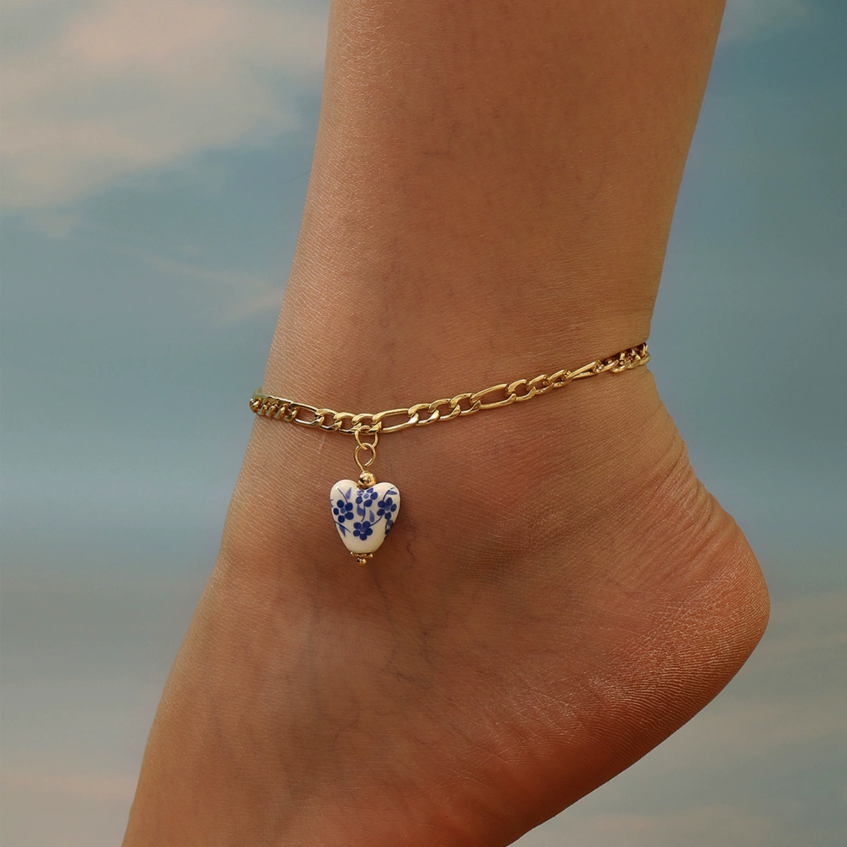 Retro blue and white pendant stainless steel, ankle bracelet