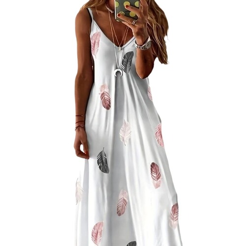 European and American Spring/Summer Sleeveless Slim-Fit Feather-Print Low-Cut V-Neck Strap Maxi Dress for Women