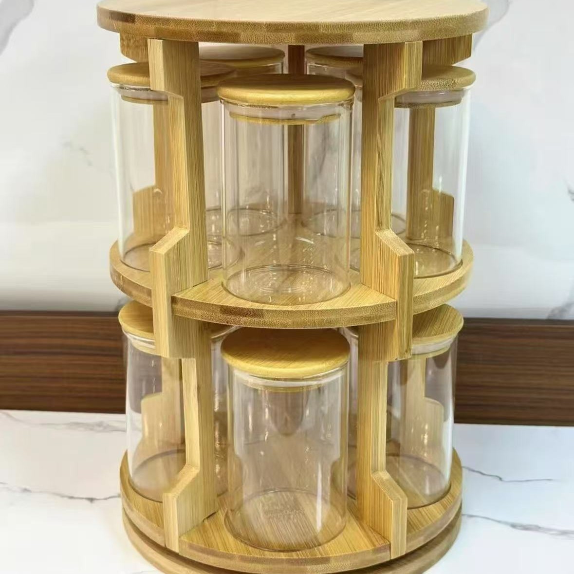 caja de almacenamiento doméstica de gran capacidad con marco giratorio de madera gruesa y transparente tanque de sellado de granos gruesos