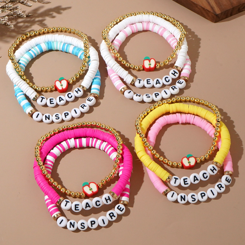 European and American Cross-Border Best-Selling Clay Soft Pottery Letter Bracelets, Colorful Apple Bracelets 5-Piece Set Wholesale