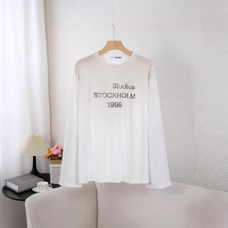 High-Quality Ac Nanyou Vintage Distressed 1996 Letter Print Loose Long-Sleeve T-Shirt for Women, Thin Sun-Protective Top
