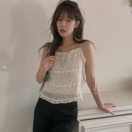 韩国chic 2026夏装新品甜美气质温柔褶边清透感褶皱百搭吊带背心