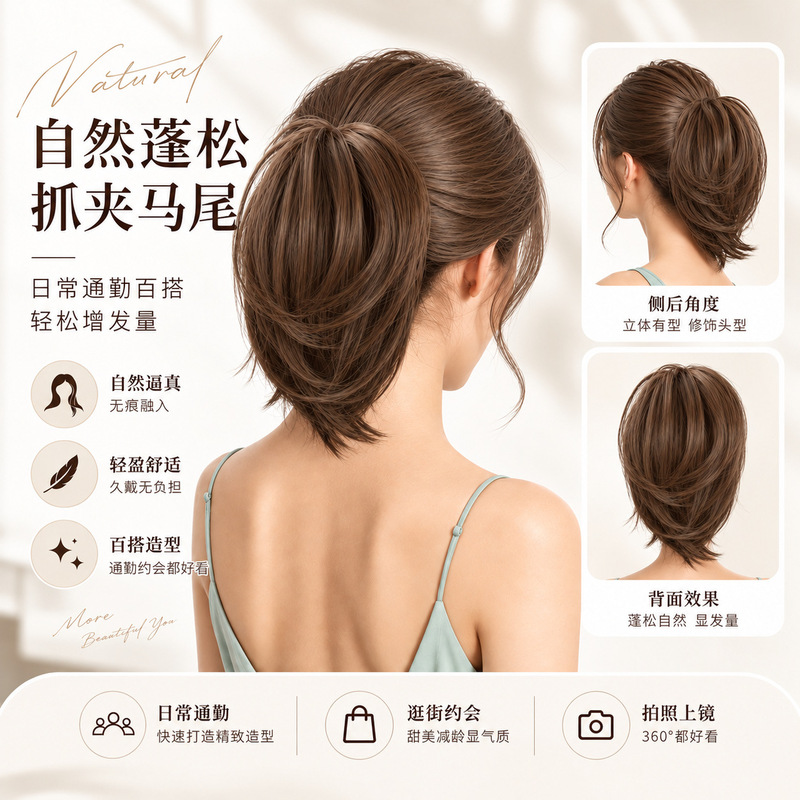 Cross-Border European and American Style Hair Clip Ponytail Wig, High Crown Hair Volume Enhancer, Natural and Fluffy Hair Volume Increase, Lazy Person's Wig