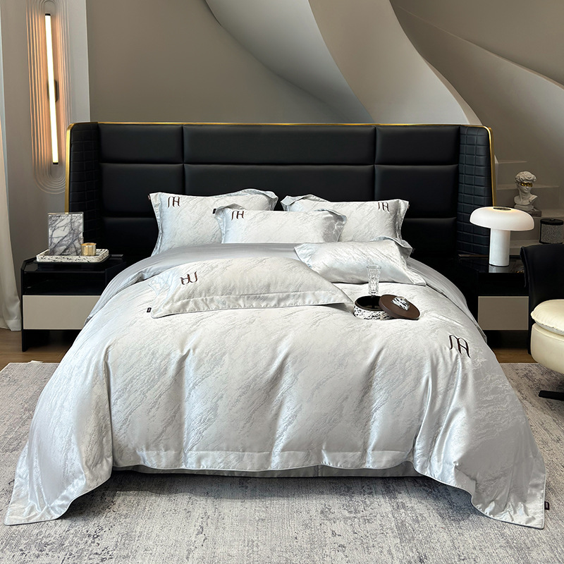 Elegant、Understated Luxury 、 Premium 100S Tencel Four-Piece Set: Pure Cotton Sateen Jacquard Embroidered Duvet Cover, Silky Smooth Bed Fitted Sheet,_voghion.com