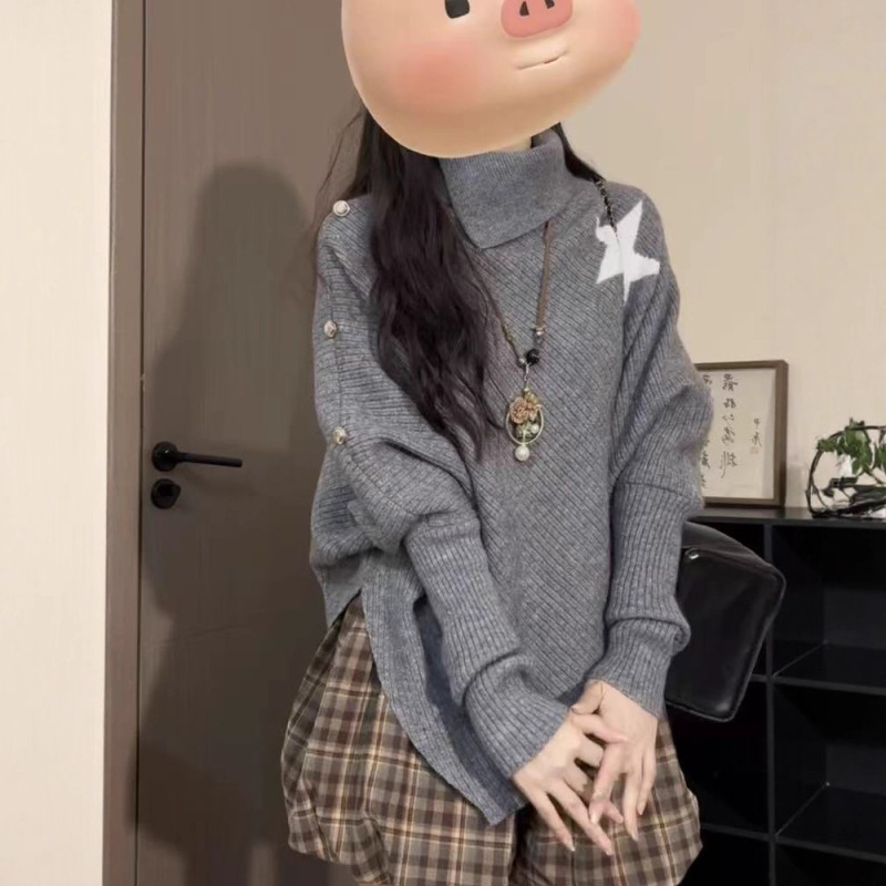 法式不规则设计感宽松小众斗篷高领星星毛衣披风感针织衫女潮|undefined