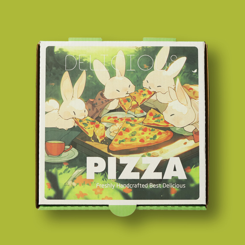 兔子原创手绘披萨盒牛皮瓦楞加厚打包盒外卖包装7 8 9 10 12寸