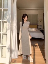跨境大码女装打底纯色长袖针织连衣裙胖mm显瘦冬季加厚法式长裙子