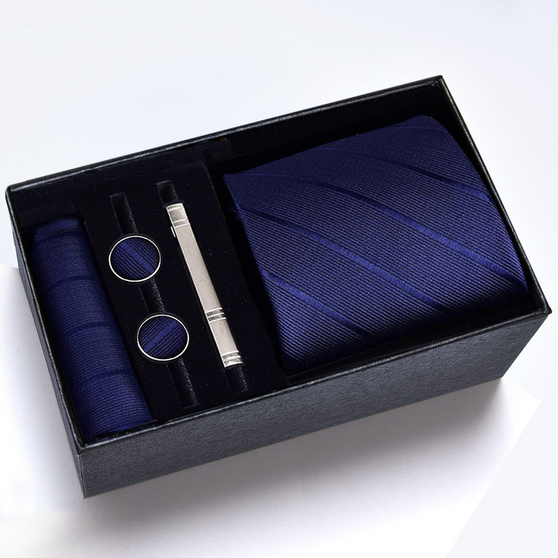 Gift box] Men's five-piece tie suit, LOGO formal business 8cm striped black wedding groom